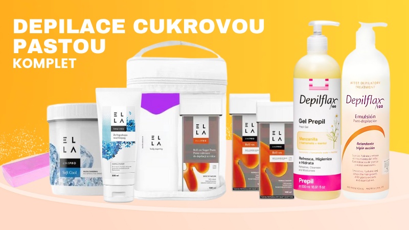 Produkty pro depilaci cukrovou vatou. Cukrová pasta, gel před a po depilaci, depilační pásky, ohřívač pasty.